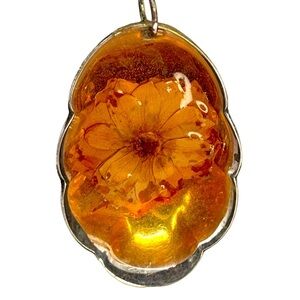 Handmade Vintage Silver Spoon Pendant W/ Amber Resin & Dried Flower    A68